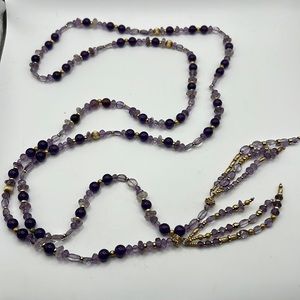AMETHYST, GLASS, AND GOLD BEAD ARTISAN WRAP NECKLACE 63”